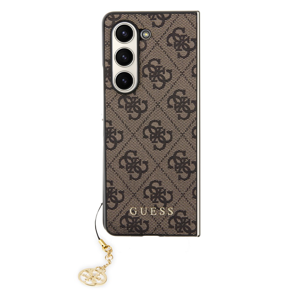 Coque Samsung Galaxy Z Fold5 - Guess toile similicuir monogramme logo métallique doré avec pendentif charm - Brun