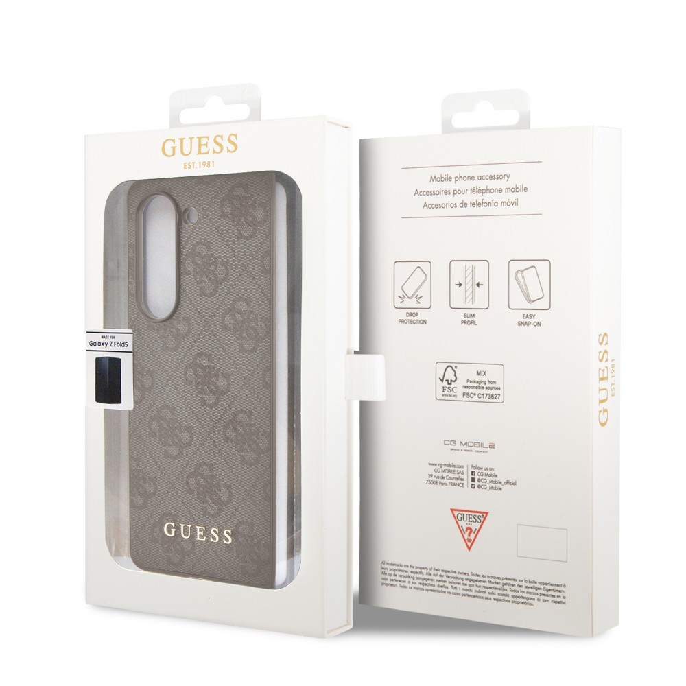 Coque Samsung Galaxy Z Fold5 - Guess toile similicuir monogramme logo métallique doré avec pendentif charm - Brun