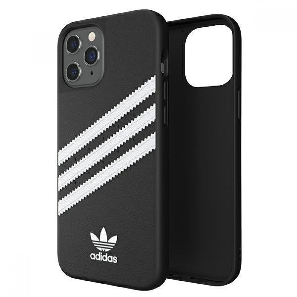 iPhone 12 Pro Max Case Hülle - Adidas Gazelle Style Kunstleder aufgenähte weiße Streifen und Logoprint - Schwarz