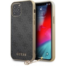 Coque iPhone 13 Pro Max - Guess toile similicuir monogramme logo métallique doré avec pendentif charm - Noir / or