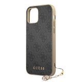 Coque iPhone 13 Pro Max - Guess toile similicuir monogramme logo métallique doré avec pendentif charm - Noir / or