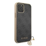 Coque iPhone 13 Pro Max - Guess toile similicuir monogramme logo métallique doré avec pendentif charm - Noir / or