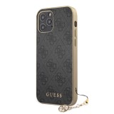 Coque iPhone 13 Pro Max - Guess toile similicuir monogramme logo métallique doré avec pendentif charm - Noir / or