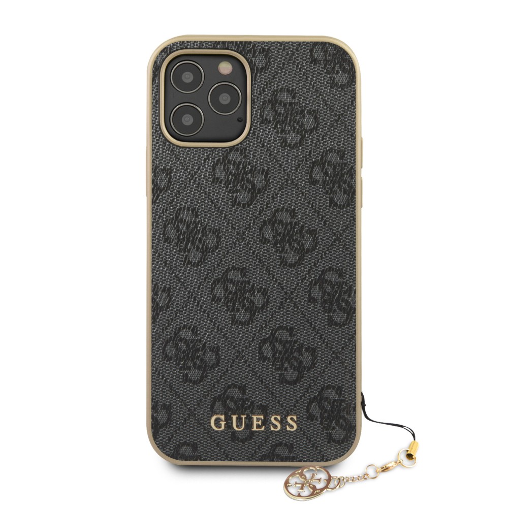 Coque iPhone 13 Pro Max - Guess toile similicuir monogramme logo métallique doré avec pendentif charm - Noir / or