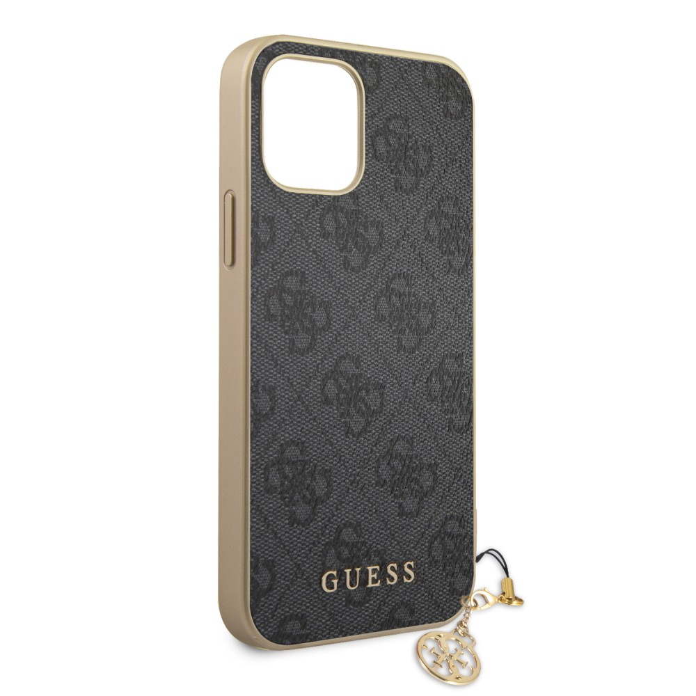 Coque iPhone 13 Pro Max - Guess toile similicuir monogramme logo métallique doré avec pendentif charm - Noir / or