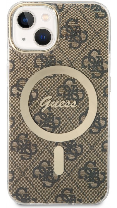 Coque iPhone 15 - Guess monogramme laqué avec MagSafe doré - Brun