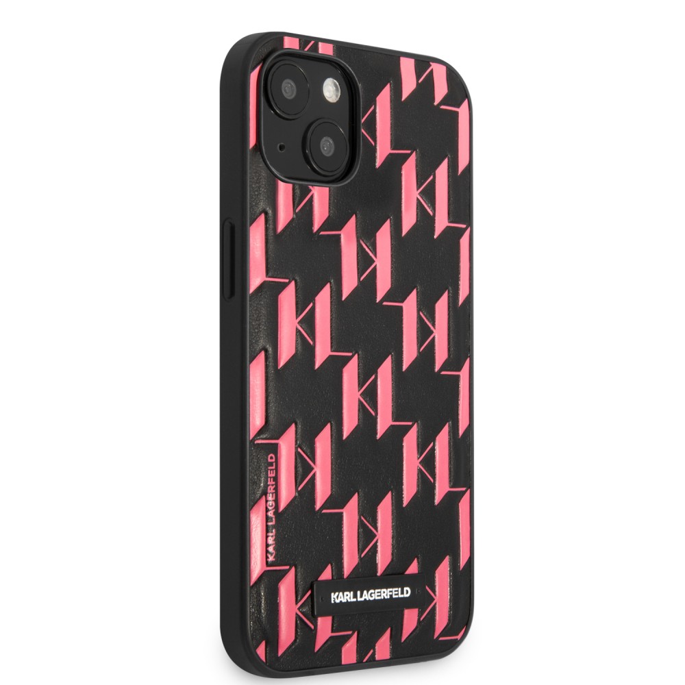 iPhone 13 Case Hülle - Karl Lagerfeld Kunstleder geprägtes Monogramm und Metallplakette mit Logo - Schwarz und Rosa