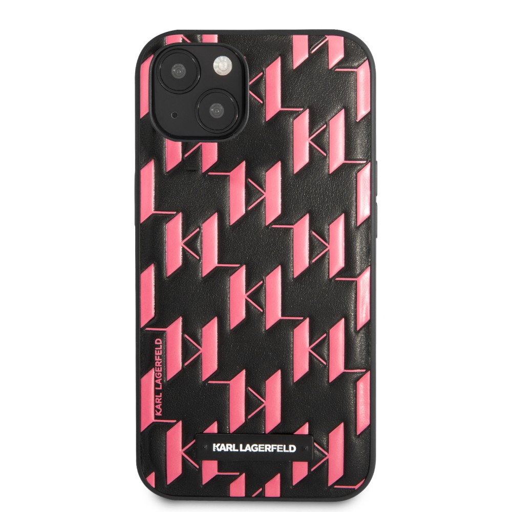 iPhone 13 Case Hülle - Karl Lagerfeld Kunstleder geprägtes Monogramm und Metallplakette mit Logo - Schwarz und Rosa