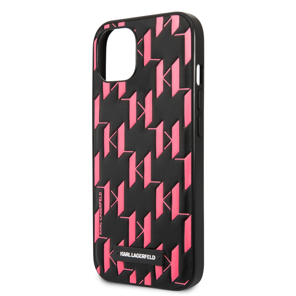 iPhone 13 Case Hülle - Karl Lagerfeld Kunstleder geprägtes Monogramm und Metallplakette mit Logo - Schwarz und Rosa