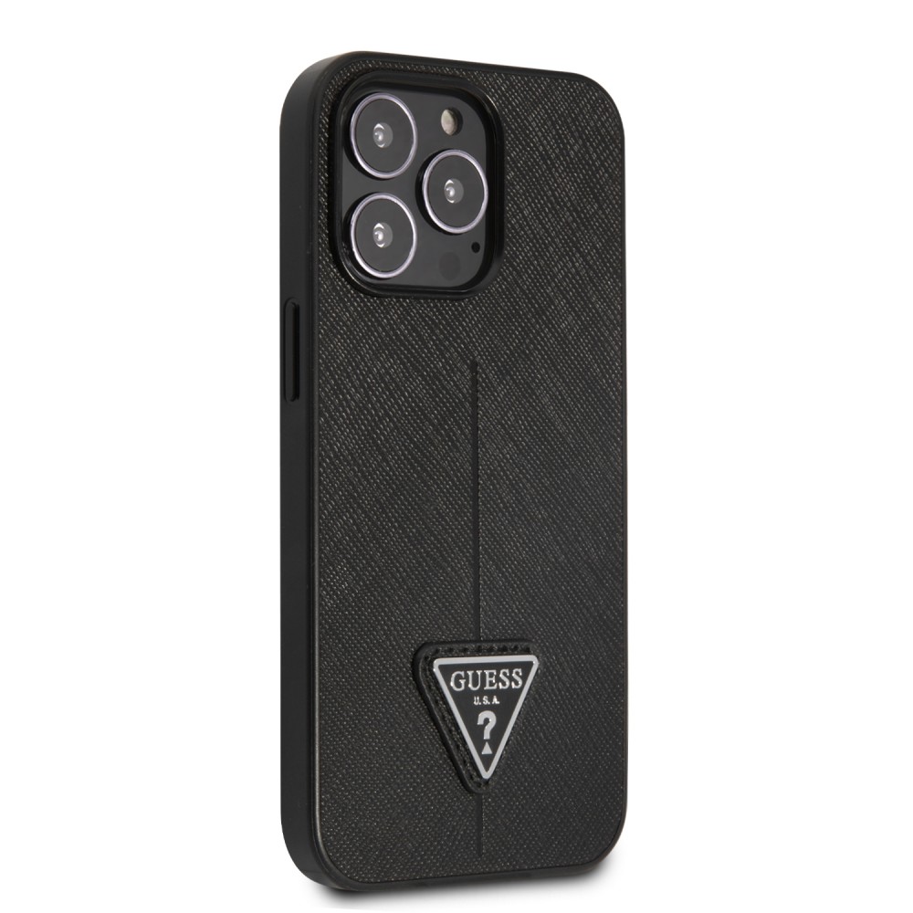 Coque iPhone 13 Pro - Guess en similicuir noir avec logo triangle en métal - Noir