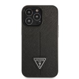 Coque iPhone 13 Pro - Guess en similicuir noir avec logo triangle en métal - Noir