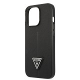 Coque iPhone 13 Pro - Guess en similicuir noir avec logo triangle en métal - Noir