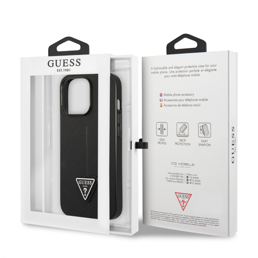 Coque iPhone 13 Pro - Guess en similicuir noir avec logo triangle en métal - Noir