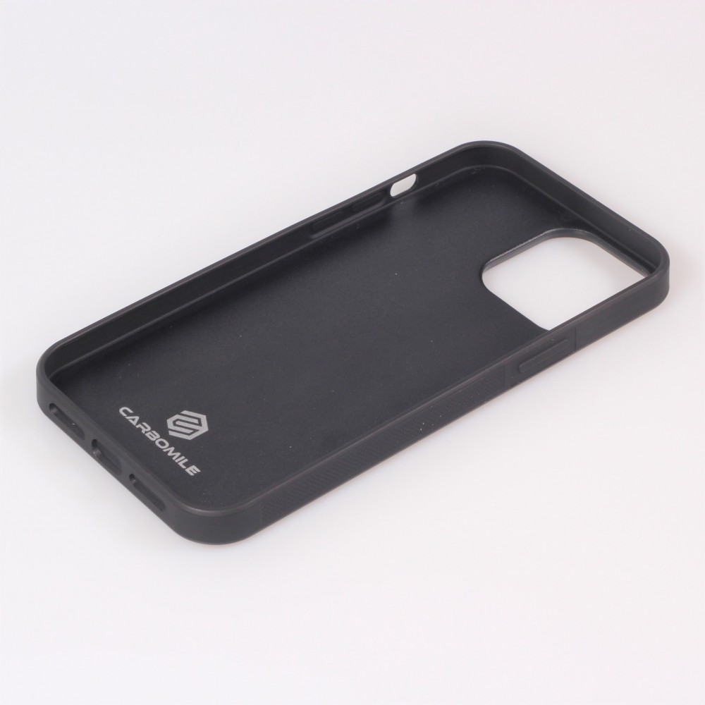 iPhone 15 Pro Max Case Hülle - Carbomile Alcantara und Carbon mit roten Nähten (MagSafe kompatibel)