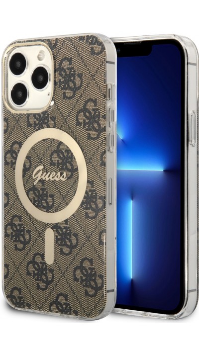 iPhone 14 Pro Max Case Hülle - Guess Monogramm lackiert mit goldenem MagSafe - Braun