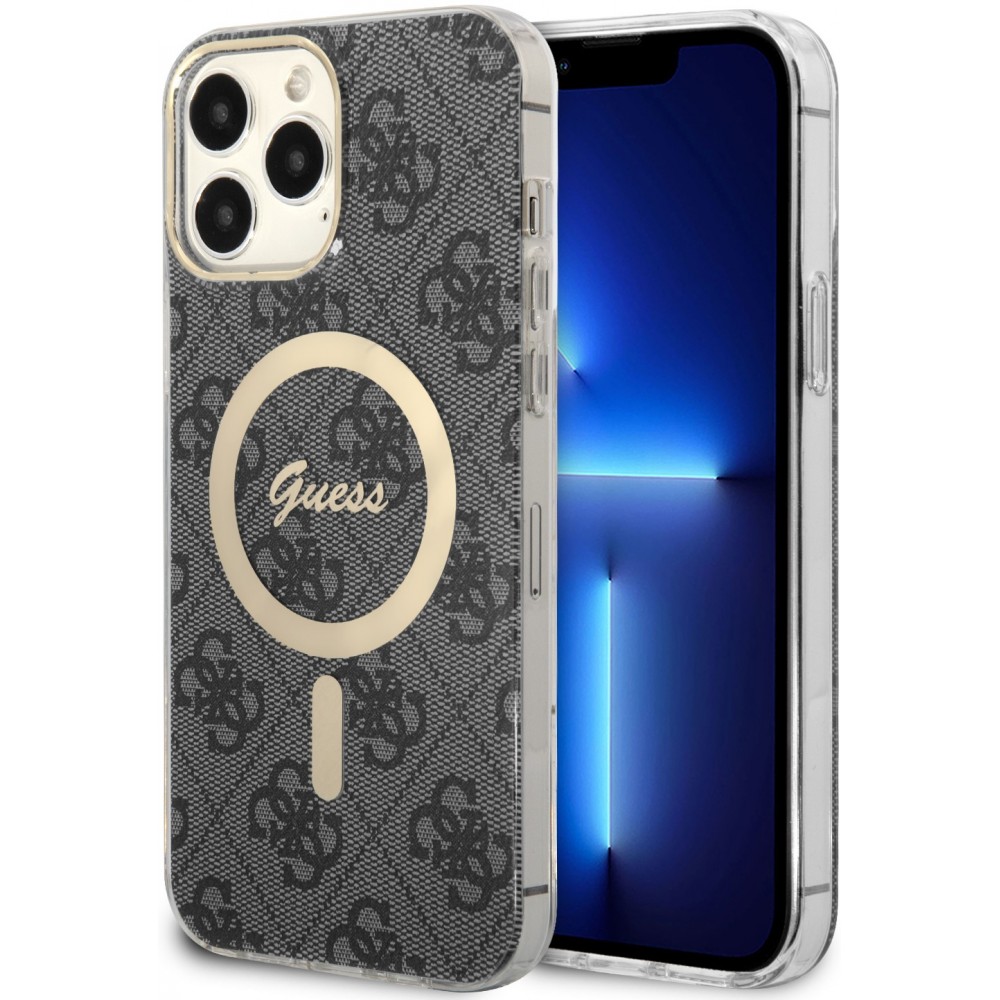 iPhone 14 Pro Max Case Hülle - Guess Monogramm lackiert mit goldenem MagSafe - Grau