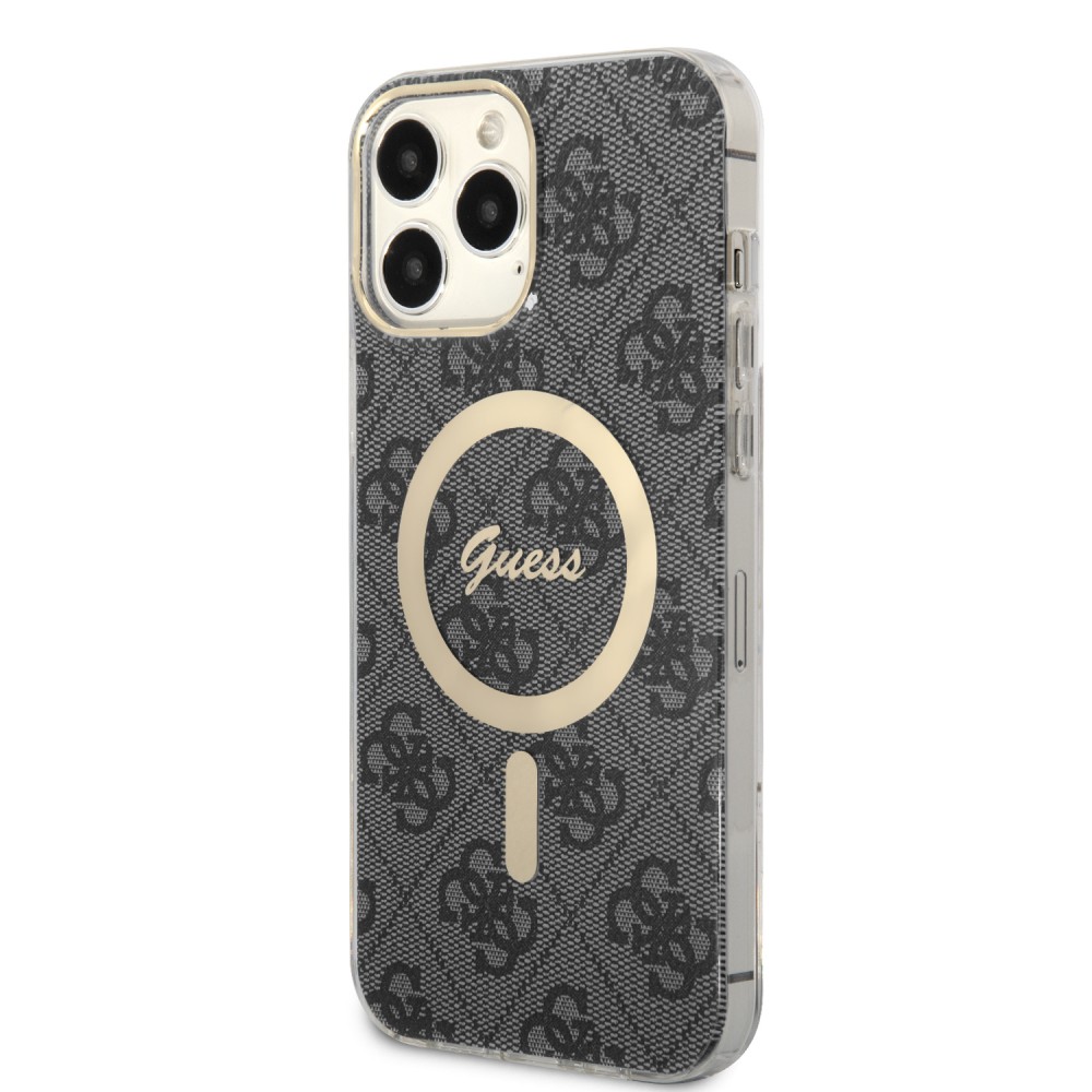 iPhone 14 Pro Max Case Hülle - Guess Monogramm lackiert mit goldenem MagSafe - Grau