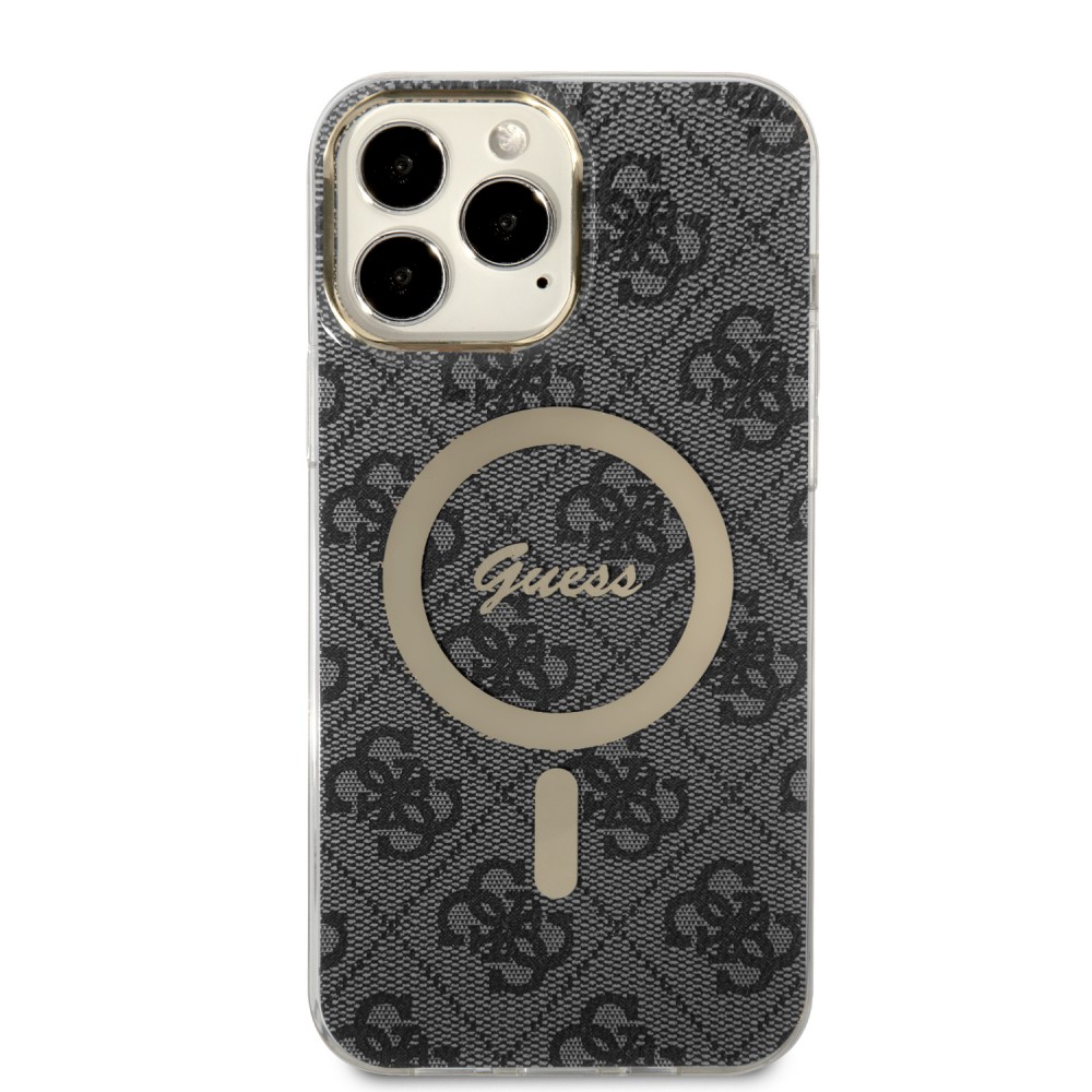 iPhone 15 Pro Max Case Hülle - Guess Monogramm lackiert mit goldenem MagSafe - Grau