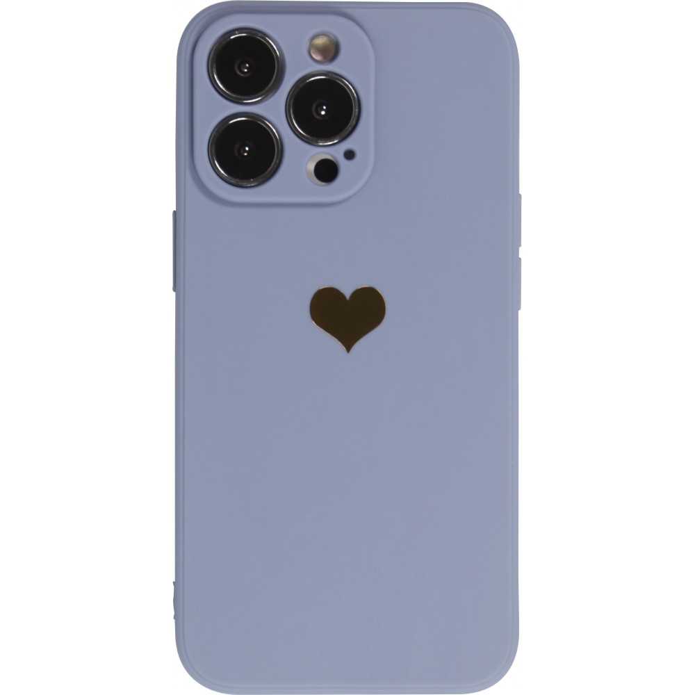 Coque iPhone 15 Pro - Silicone Mat Coeur doré - Bleu