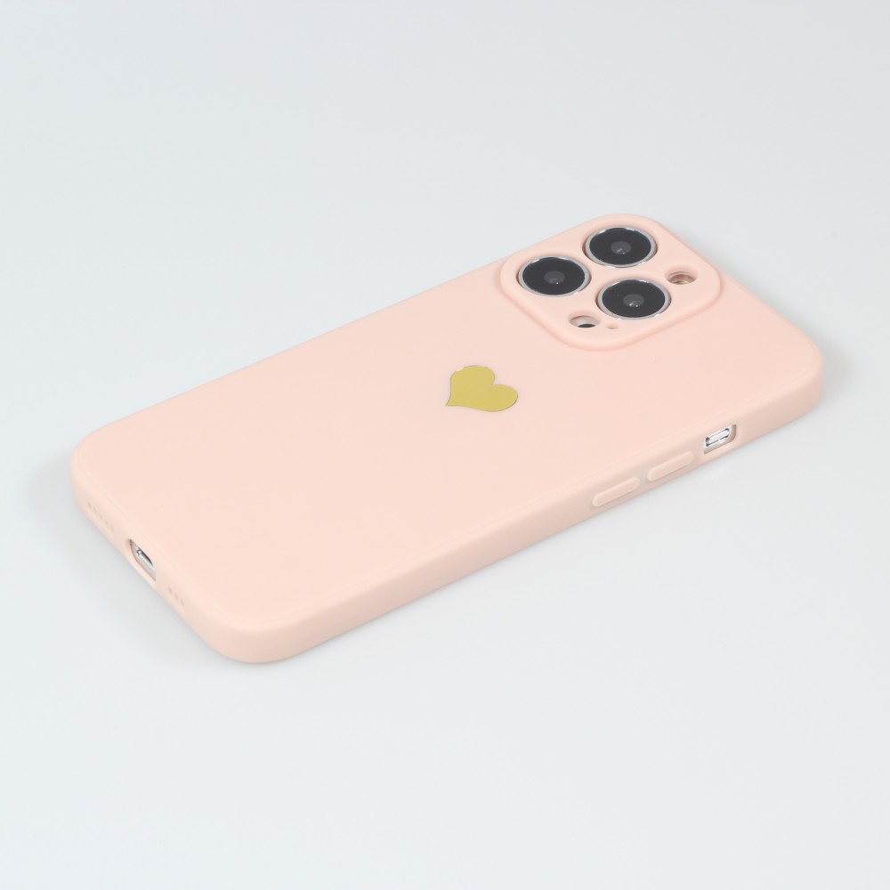 Coque iPhone 15 Pro - Silicone Mat Coeur doré - Rose