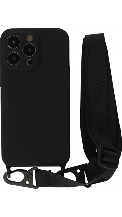 iPhone 13 Pro Case Hülle - Silikon mit Kordel und Haken - Schwarz