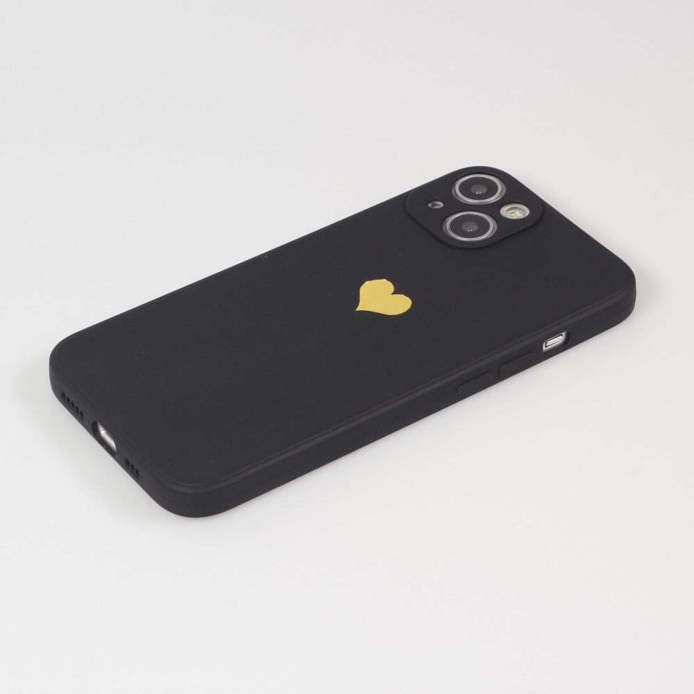 iPhone 15 Plus Case Hülle - Silikon Mat Herz gold - Schwarz