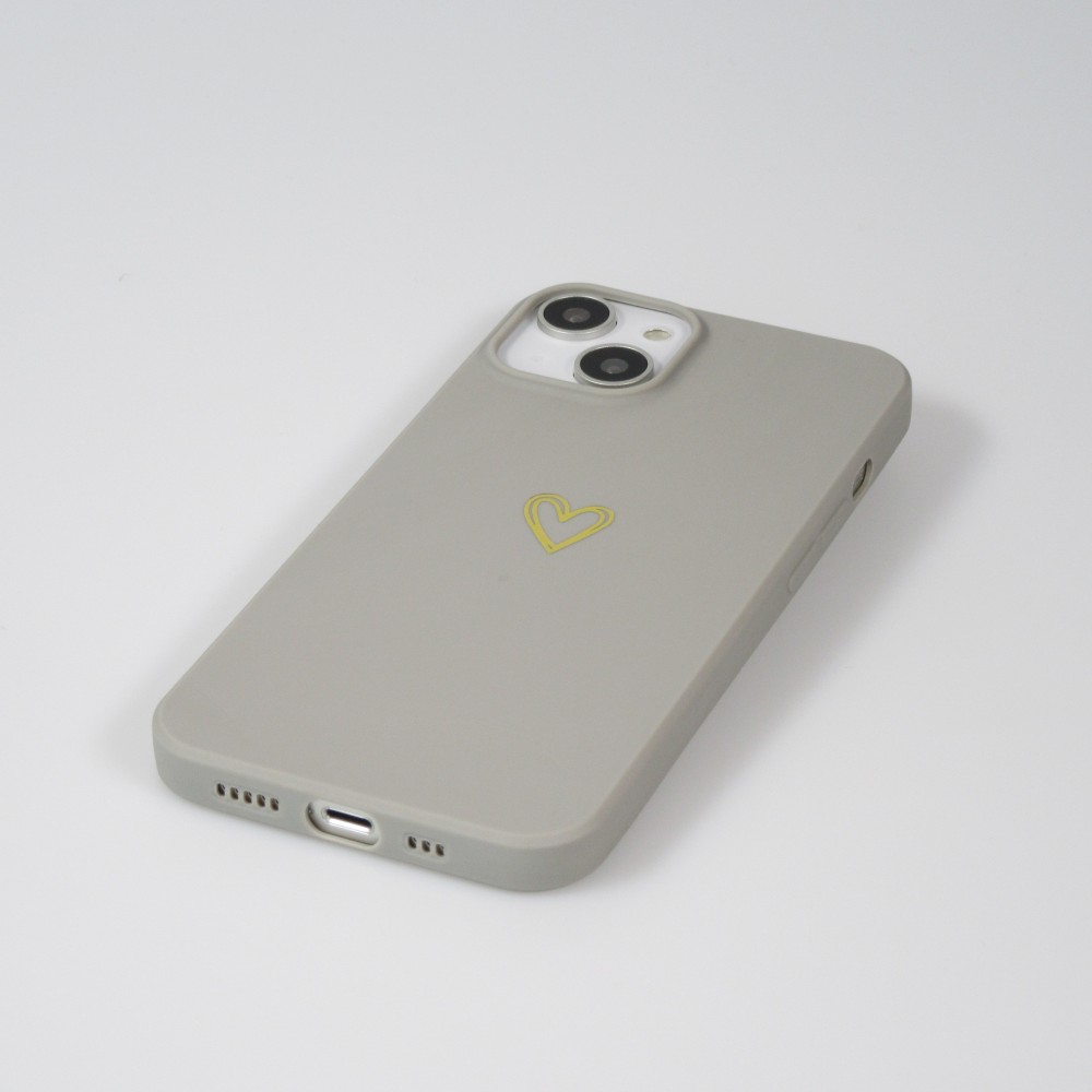 iPhone 14 Plus Case Hülle - Silikon matt Herzdesign gold - Grau