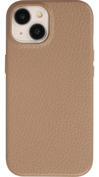 iPhone 14 Case Hülle - Vollständig genarbtes Luxuskalbsleder mit Metallknöpfen und MagSafe - Beige