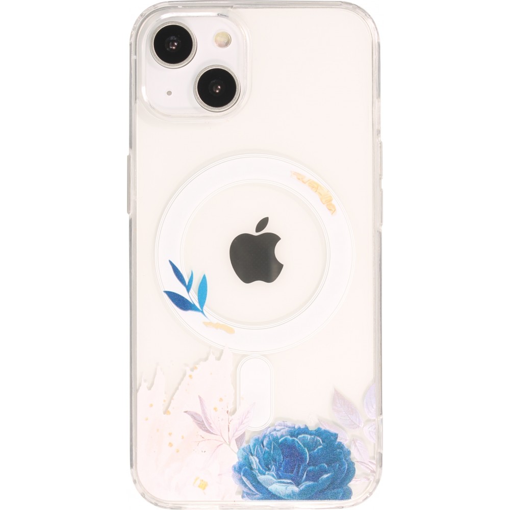 iPhone 15 Case Hülle - Gummi Silikon steif mit MagSafe blaue Rose - Transparent