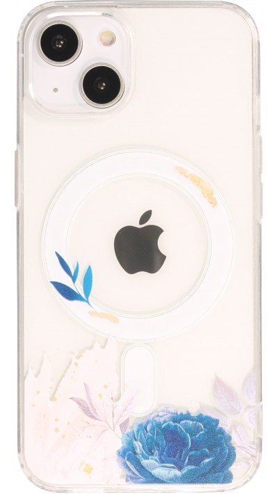iPhone 15 Case Hülle - Gummi Silikon steif mit MagSafe blaue Rose - Transparent