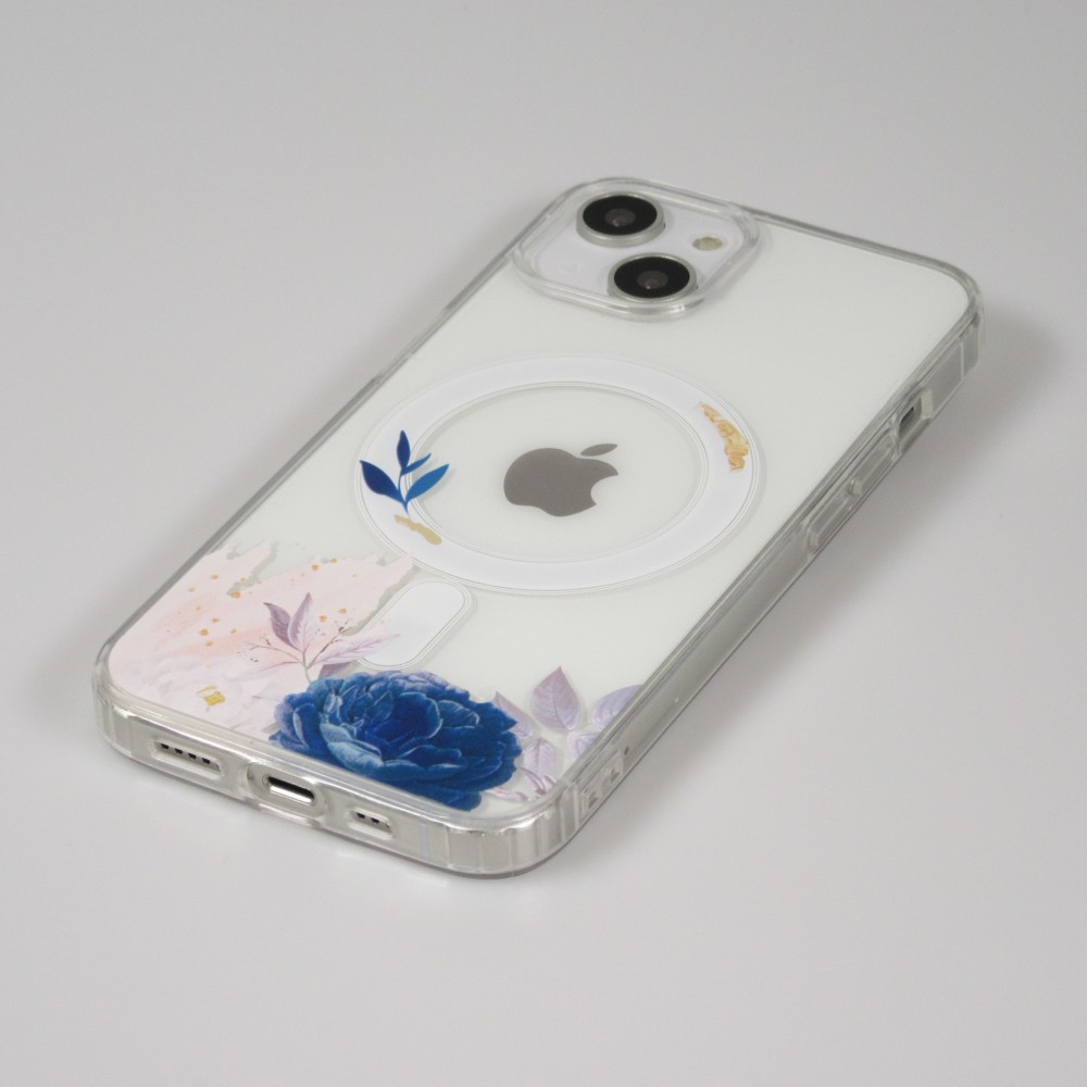 iPhone 15 Case Hülle - Gummi Silikon steif mit MagSafe blaue Rose - Transparent