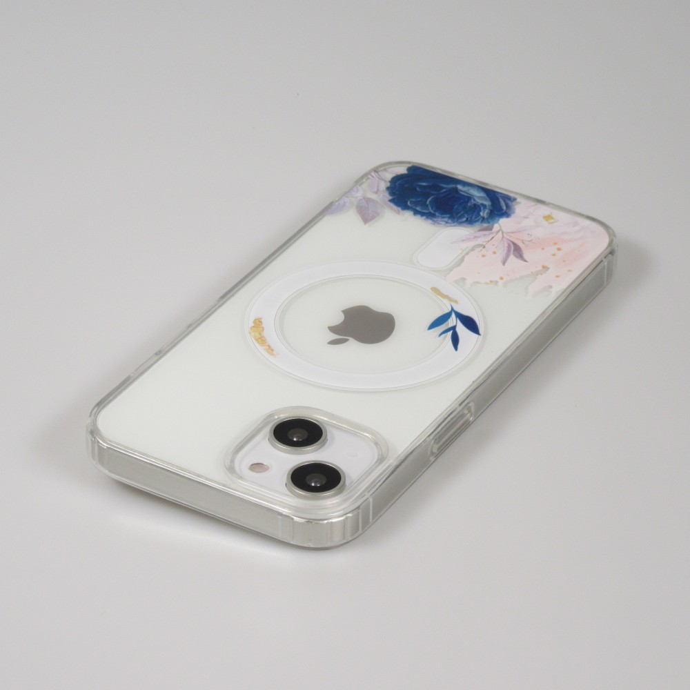 iPhone 15 Case Hülle - Gummi Silikon steif mit MagSafe blaue Rose - Transparent