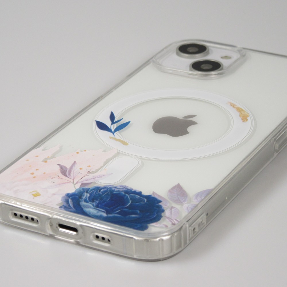 iPhone 15 Case Hülle - Gummi Silikon steif mit MagSafe blaue Rose - Transparent