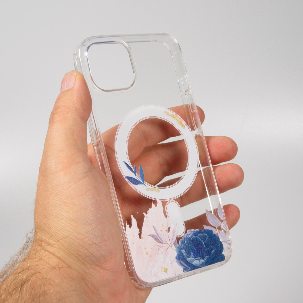 iPhone 15 Case Hülle - Gummi Silikon steif mit MagSafe blaue Rose - Transparent