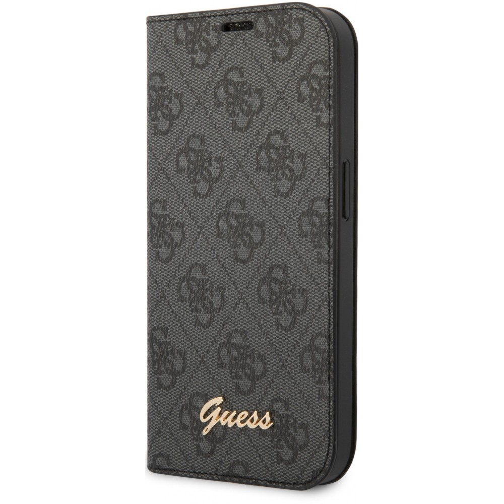 iPhone 14 Pro Case Hülle - Flip Guess Leinwand Kunstleder mit goldfarbenem Metall-Logo in Reliefoptik - Schwarz