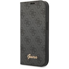 iPhone 14 Pro Max Case Hülle - Flip Guess Leinwand Kunstleder mit goldfarbenem Metall-Logo in Reliefoptik - Schwarz