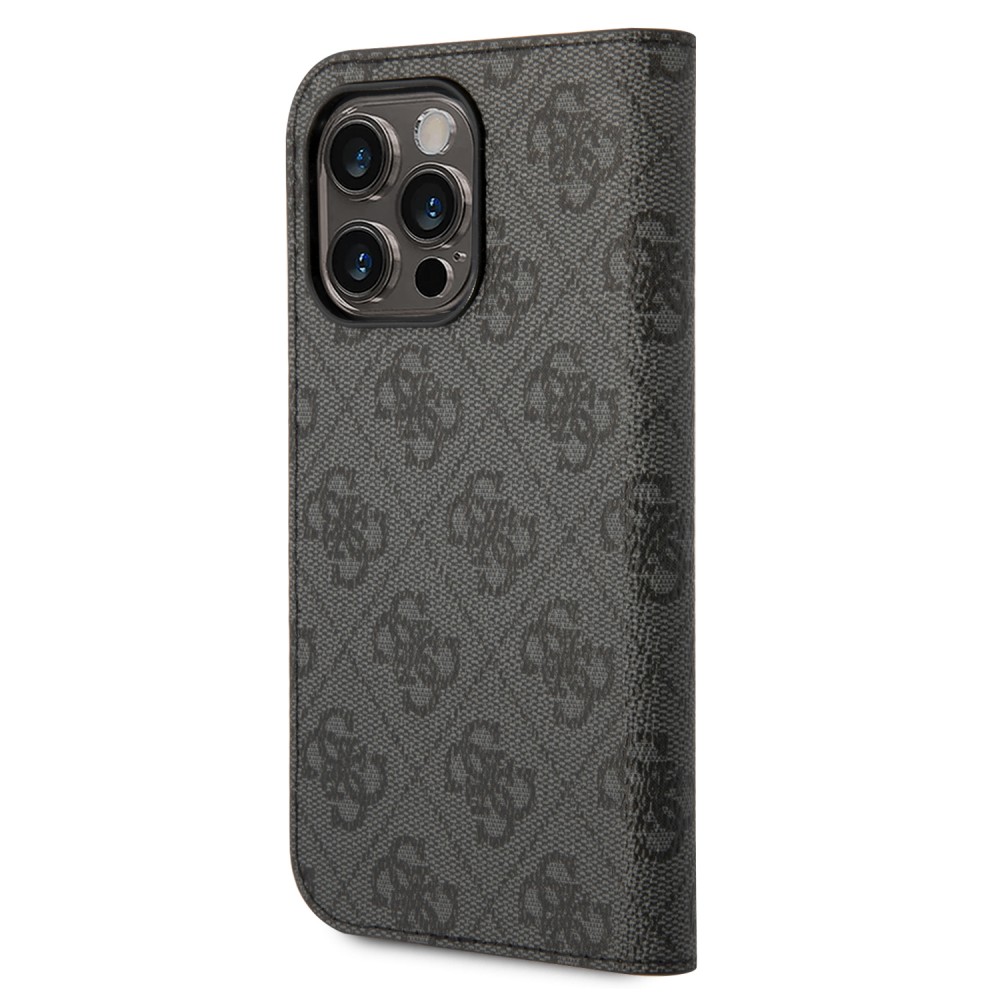 iPhone 14 Pro Case Hülle - Flip Guess Leinwand Kunstleder mit goldfarbenem Metall-Logo in Reliefoptik - Schwarz