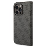 iPhone 14 Pro Max Case Hülle - Flip Guess Leinwand Kunstleder mit goldfarbenem Metall-Logo in Reliefoptik - Schwarz