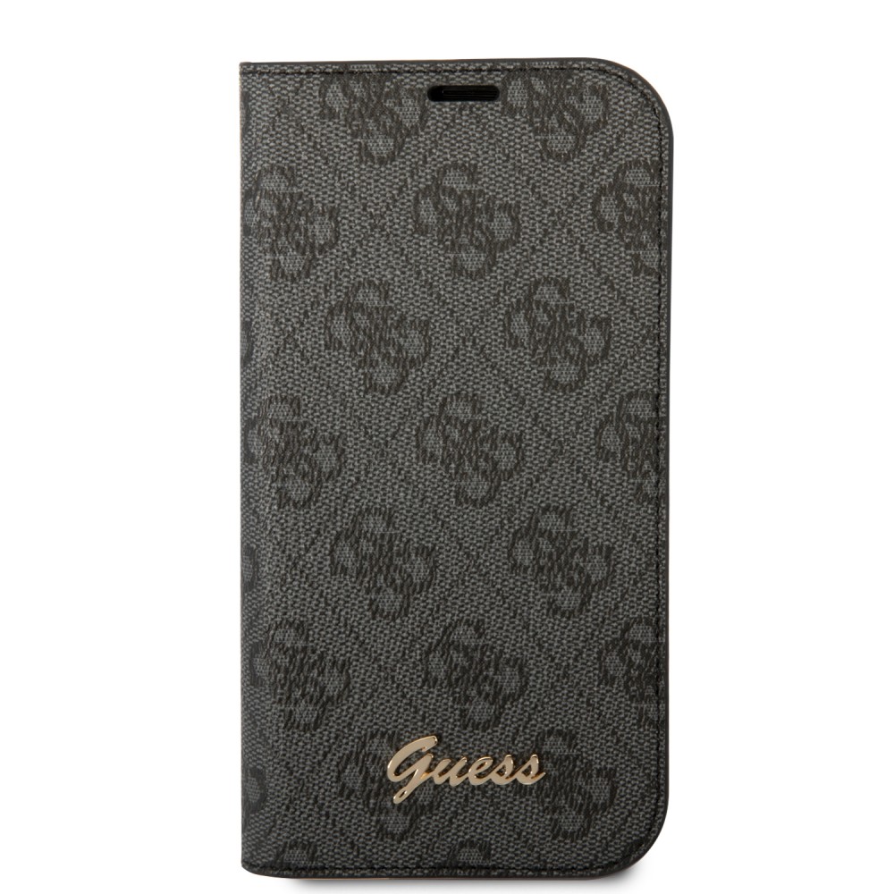 iPhone 14 Pro Max Case Hülle - Flip Guess Leinwand Kunstleder mit goldfarbenem Metall-Logo in Reliefoptik - Schwarz