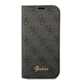 iPhone 14 Pro Case Hülle - Flip Guess Leinwand Kunstleder mit goldfarbenem Metall-Logo in Reliefoptik - Schwarz