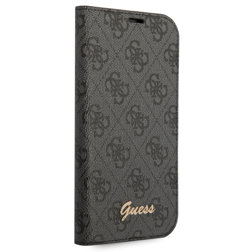 iPhone 14 Pro Max Case Hülle - Flip Guess Leinwand Kunstleder mit goldfarbenem Metall-Logo in Reliefoptik - Schwarz