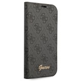 iPhone 14 Pro Case Hülle - Flip Guess Leinwand Kunstleder mit goldfarbenem Metall-Logo in Reliefoptik - Schwarz