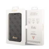 iPhone 14 Pro Case Hülle - Flip Guess Leinwand Kunstleder mit goldfarbenem Metall-Logo in Reliefoptik - Schwarz