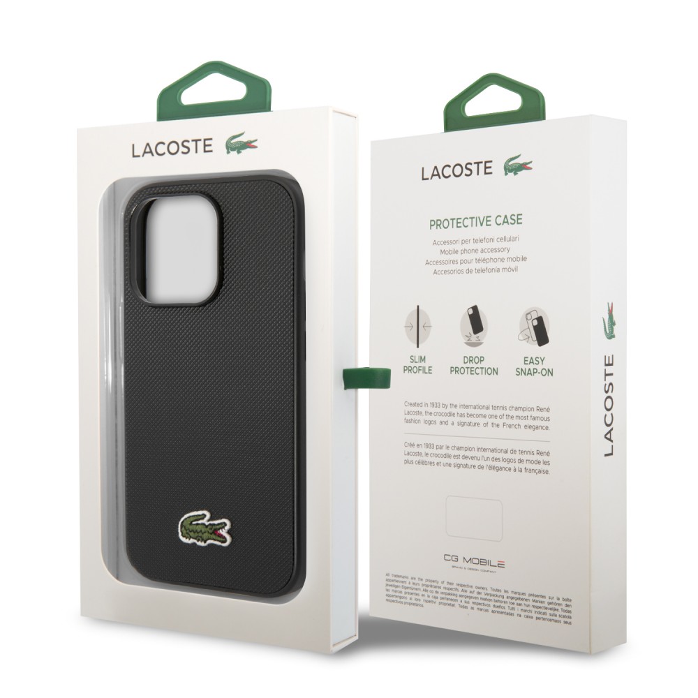 iPhone 14 Pro Case Hülle - Lacoste Petit Piqué Effekt mit MagSafe und gesticktem Logo-Patch - Schwarz