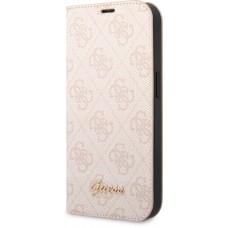 iPhone 14 Pro Case Hülle - Flip Guess Leinwand Kunstleder mit goldfarbenem Metall-Logo in Reliefoptik - Hellrosa