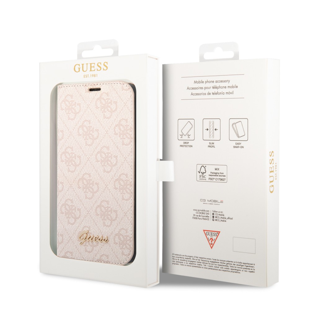 iPhone 14 Pro Case Hülle - Flip Guess Leinwand Kunstleder mit goldfarbenem Metall-Logo in Reliefoptik - Hellrosa