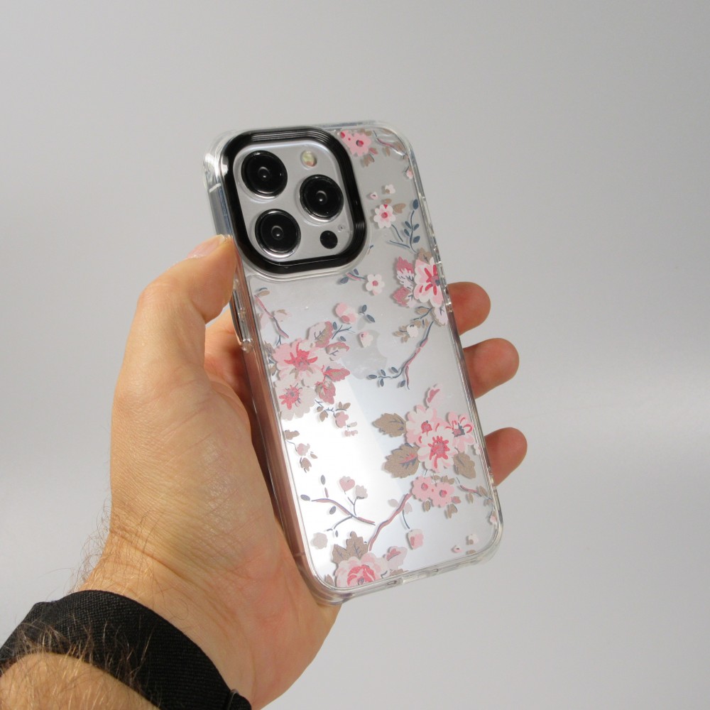 iPhone 14 Pro Case Hülle - Straffes Gummi Silikon mit verstärkten Ecken blühende Kirschblüte - Transparent