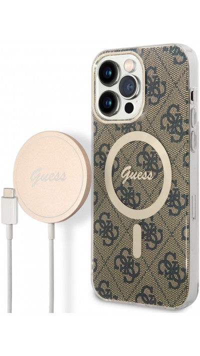 Coque iPhone 14 Pro Max - Guess 2 en 1 monogramme laqué avec Magsafe doré et chargeur sans fil - Brun