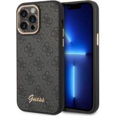 iPhone 14 Pro Max Case Hülle - Guess Leinwand Kunstleder mit goldfarbenem Metall-Logo in Reliefoptik - Schwarz