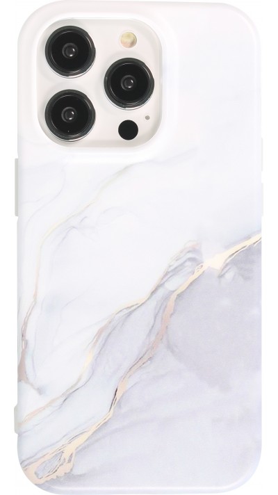 iPhone 14 Pro Max Case Hülle - Mattes Silikon mit aufgedrucktem Marmoreffekt - Weiss grau